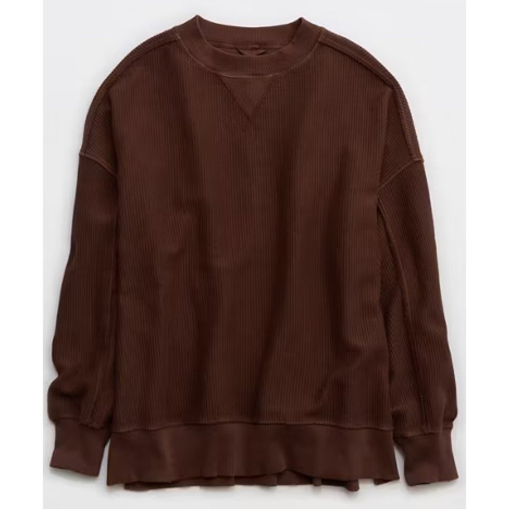 Aerie Wonder Textured V-Neck Sweatshirt Brown Ribbed Oversized Cotton Medium